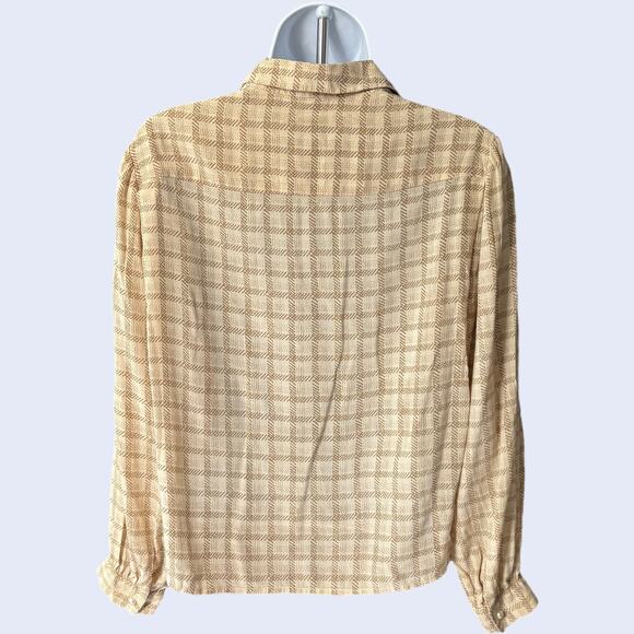 DAVID HAYES Beige Check Button Front Blouse Collared Long Sleeve 80s 90s Sz S - Picture 2 of 5
